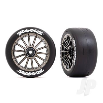 Traxxas Tyres And Wheels, Assembled, Glued (Multi-Spoke Black Chrome Wheels, 2.0" Slick Tyres With Traxxas Logo, Foam Inserts) (Rear) (2) (Vxl Rated) (TRX9375R)