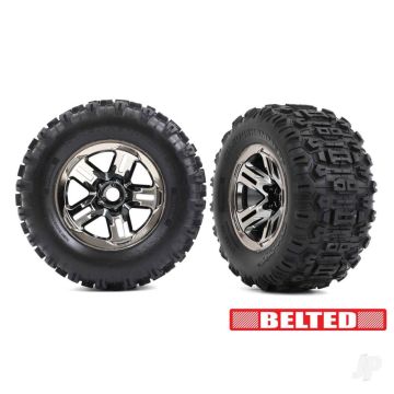 Traxxas Wheels & Tyres, Assembled, Glued (3.8in Black Chrome , Belted Sledgehammer Tyres) (2) (TRX9573A)