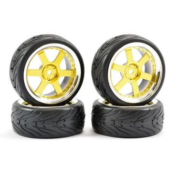 Fastrax 1:10 Street Wheel & Thread Tyres 6 Spoke Gold/Chrome (FAST0087GC)