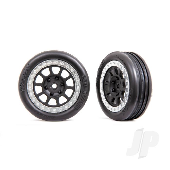 Traxxas Tyres & Wheels, Assembled (2.2' Graphite Gray, Satin Chrome Beadlock Wheels, Alias Ribbed 2.2' Tyres) (2) (Bandit Front, Medium Compound With Foam Inserts) (TRX2471G) Traxxas Tyres & Wheels, Assembled (2.2' Graphite Gray, Satin Chrome Beadlock Wheels, Alias Ribbed 2.2' Tyres) (2) (Bandit Front, Medium Compound With Foam Inserts) (TRX2471G)