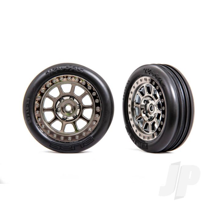 Traxxas Tyres & Wheels, Assembled (2.2' Black Chrome Wheels, Alias Ribbed 2.2' Tyres) (2) (Bandit Front, Medium Compound W/ Foam Inserts) (TRX2471T) Traxxas Tyres & Wheels, Assembled (2.2' Black Chrome Wheels, Alias Ribbed 2.2' Tyres) (2) (Bandit Front, Medium Compound W/ Foam Inserts) (TRX2471T)