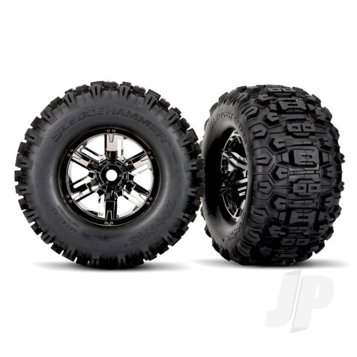 Traxxas Tires & Wheels, Assembled, Glued (X-Maxx Black Chrome Wheels, Sledgehammer Tires, Foam Inserts) (Left & Right) (2) (TRX7774A) Traxxas Tires & Wheels, Assembled, Glued (X-Maxx Black Chrome Wheels, Sledgehammer Tires, Foam Inserts) (Left & Right) (2) (TRX7774A)