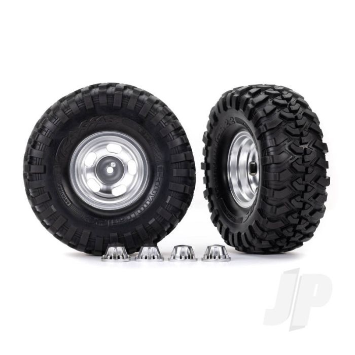Traxxas Tyres & Wheels, Assembled, Glued (2.2In Satin Chrome Wheels, Canyon Trail 5.3 X 2.2In Tyres) (2)/ Center Caps (2) (Requires #8255A Extended Thread Stub Axle) (TRX8159) Traxxas Tyres & Wheels, Assembled, Glued (2.2In Satin Chrome Wheels, Canyon Trail 5.3 X 2.2In Tyres) (2)/ Center Caps (2) (Requires #8255A Extended Thread Stub Axle) (TRX8159)