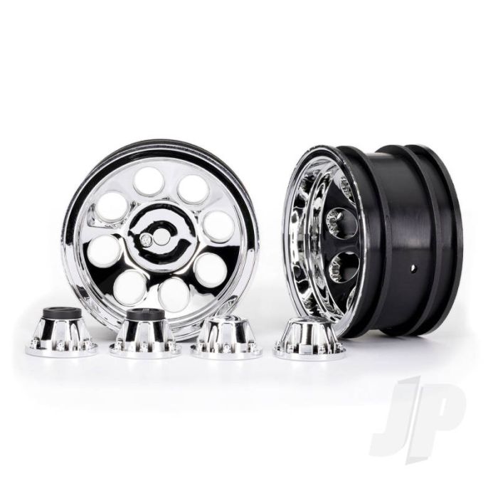 Traxxas Wheels, 2.2", Classic Chrome (2)/ Center Caps (Front (2), Rear (2)) (Requires #8255A Extended Thread Stub Axle) (TRX8163) Traxxas Wheels, 2.2", Classic Chrome (2)/ Center Caps (Front (2), Rear (2)) (Requires #8255A Extended Thread Stub Axle) (TRX8163)