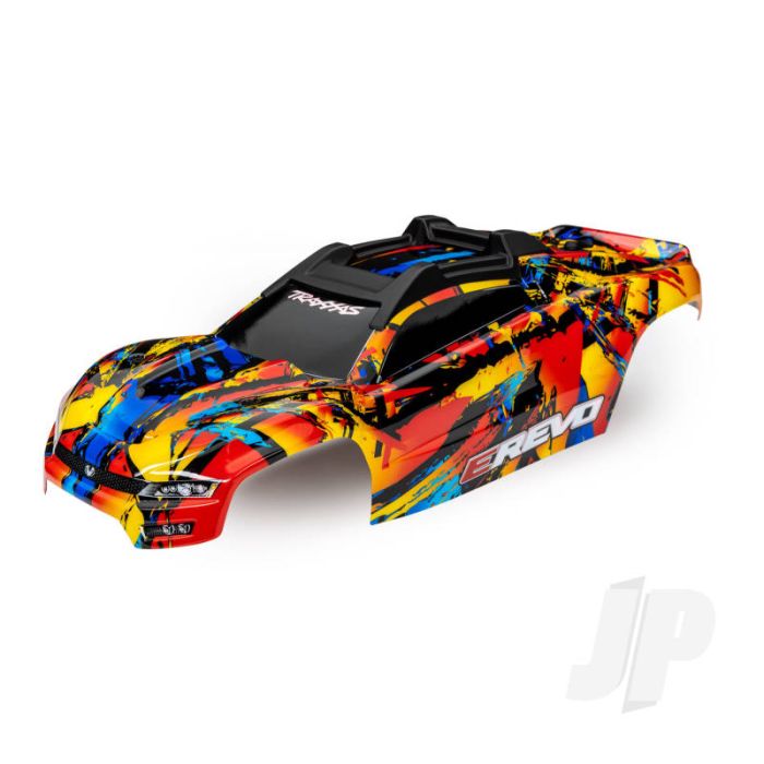 Traxxas Body, E-Revo, Solar Flare (Painted, Decals Applied) (Assembled With Front & Rear Body Mounts And Rear Body Support For Clipless Mounting) (TRX8612) Traxxas Body, E-Revo, Solar Flare (Painted, Decals Applied) (Assembled With Front & Rear Body Mounts And Rear Body Support For Clipless Mounting) (TRX8612)