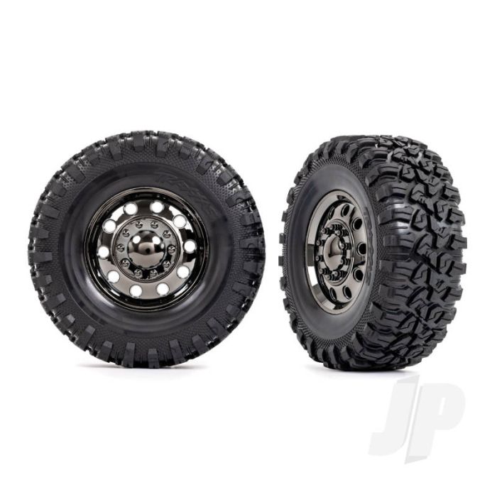 Traxxas Tyres And Wheels, Assembled, Glued (Trx-6 Big Rig 2.2In Black Chrome Wheels, Canyon Rt 4.6X2.2In Tyres, Foam Inserts) (Front) (2)/ Centre Caps (Black Chrome) (2) (TRX8854) Traxxas Tyres And Wheels, Assembled, Glued (Trx-6 Big Rig 2.2In Black Chrome Wheels, Canyon Rt 4.6X2.2In Tyres, Foam Inserts) (Front) (2)/ Centre Caps (Black Chrome) (2) (TRX8854)
