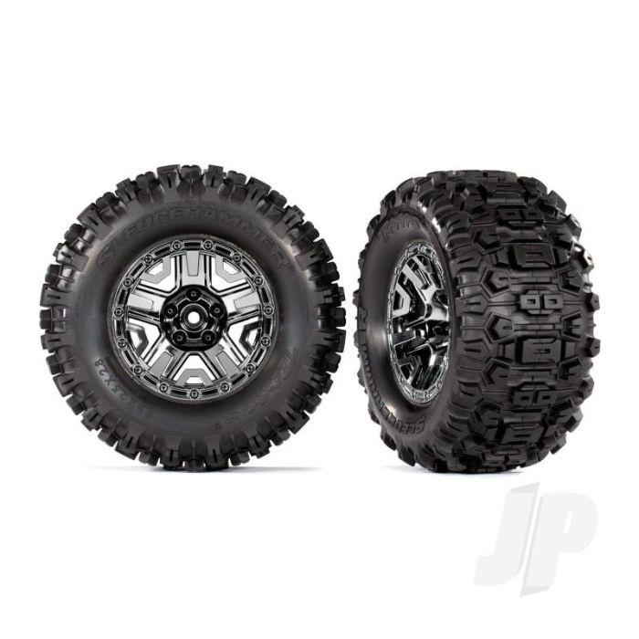 Traxxas Tyres And Wheels, Assembled, Glued (Black Chrome 2.8In Wheels, Sledgehammer Tyres, Foam Inserts) (2 Pcs) (Tsm Rated) (TRX9072) Traxxas Tyres And Wheels, Assembled, Glued (Black Chrome 2.8In Wheels, Sledgehammer Tyres, Foam Inserts) (2 Pcs) (Tsm Rated) (TRX9072)