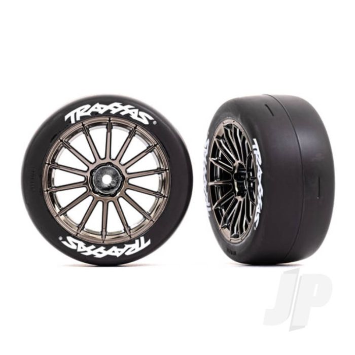Traxxas Tyres And Wheels, Assembled, Glued (Multi-Spoke Black Chrome Wheels, 2.0" Slick Tyres With Traxxas Logo, Foam Inserts) (Front) (2) (Vxl Rated) (TRX9374R) Traxxas Tyres And Wheels, Assembled, Glued (Multi-Spoke Black Chrome Wheels, 2.0" Slick Tyres With Traxxas Logo, Foam Inserts) (Front) (2) (Vxl Rated) (TRX9374R)