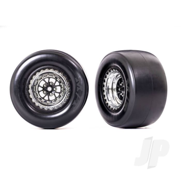 Traxxas Tyres & Wheels, Assembled, Glued (Weld Chrome With Black Wheels, Mickey Thompson Et Drag Slicks, Smoke, Foam Inserts) (Rear) (2) (TRX9477R) Traxxas Tyres & Wheels, Assembled, Glued (Weld Chrome With Black Wheels, Mickey Thompson Et Drag Slicks, Smoke, Foam Inserts) (Rear) (2) (TRX9477R)