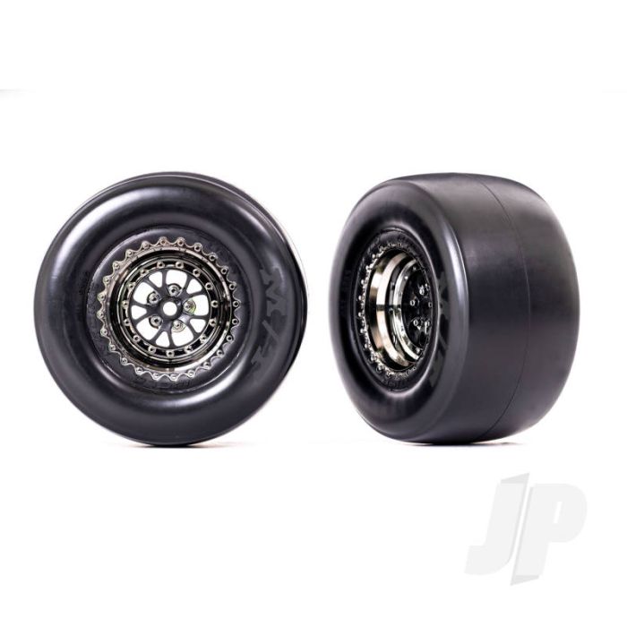Traxxas Tyres & Wheels, Assembled, Glued (Weld Black Chrome Wheels, Mickey Thompson Et Drag Slicks, Smoke, Foam Inserts) (Rear) (2) (TRX9477X) Traxxas Tyres & Wheels, Assembled, Glued (Weld Black Chrome Wheels, Mickey Thompson Et Drag Slicks, Smoke, Foam Inserts) (Rear) (2) (TRX9477X)