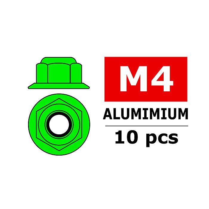 Corally Aluminium Nylstop Nut M4 Flanged Green 10 (C-3107-40-1)