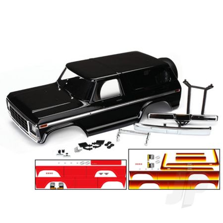 Traxxas Body, Ford Bronco, Complete (Black) (Includes Front And Rear Bumpers, Push Bar, Rear Body Mount, Grille, Side Mirrors, Door Handles, Windshield Wipers, Spare Tyre Mount, Red And Sunset Decals) (Requires #8072 Inner Fenders) (TRX8010X) Traxxas Body, Ford Bronco, Complete (Black) (Includes Front And Rear Bumpers, Push Bar, Rear Body Mount, Grille, Side Mirrors, Door Handles, Windshield Wipers, Spare Tyre Mount, Red And Sunset Decals) (Requires #8072 Inner Fenders) (TRX8010X)