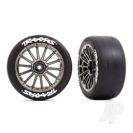 Traxxas Tyres And Wheels, Assembled, Glued (Multi-Spoke Black Chrome Wheels, 2.0" Slick Tyres With Traxxas Logo, Foam Inserts) (Rear) (2) (Vxl Rated) (TRX9375R)